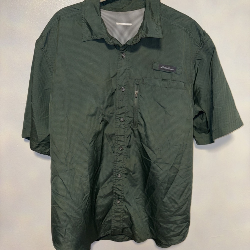 EDDIE BAUER Shirt Mens L Green Vented Short Sleeve Tech Woven Fishing Hiking